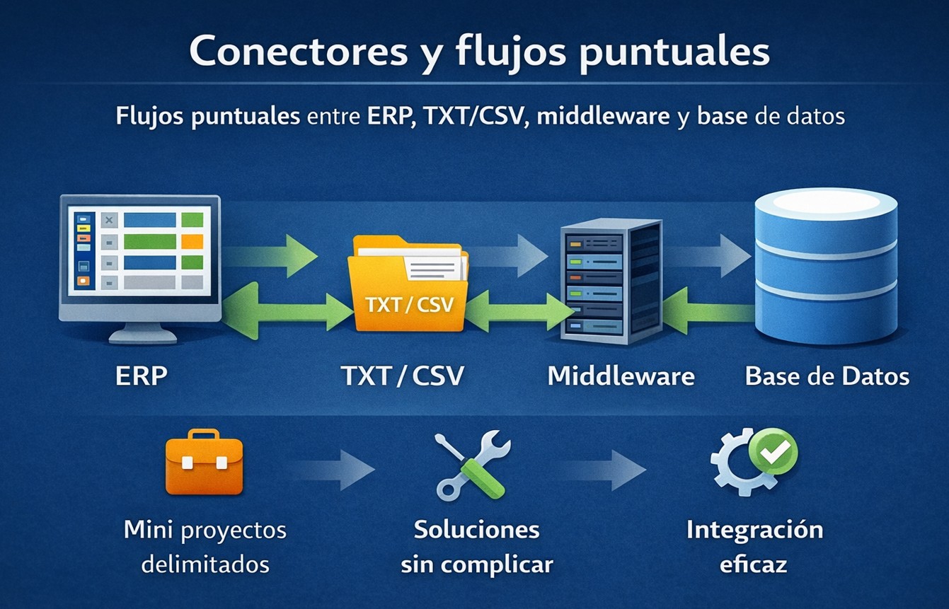 Conectores y flujos puntuales entre ERP, archivos, middleware y servicios